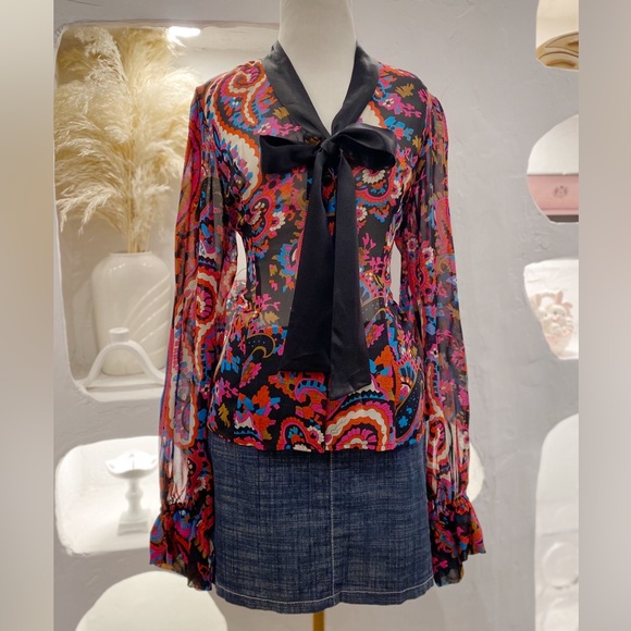 Betsey Johnson Tops - Betsey Johnson Multicolour Paisley Button Up Neck Tie Blouse with Poet Sleeves